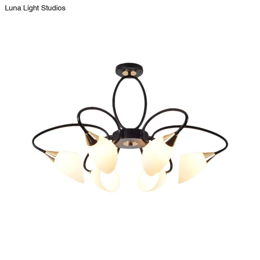 Traditional Oval White Glass Semi Flush Mount Ceiling Light With 6/8 Lights - Black Finish For