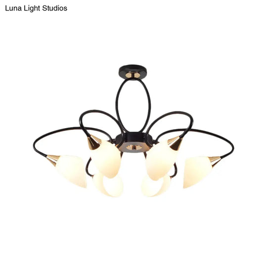 Traditional Oval White Glass Semi Flush Mount Ceiling Light With 6/8 Lights - Black Finish For