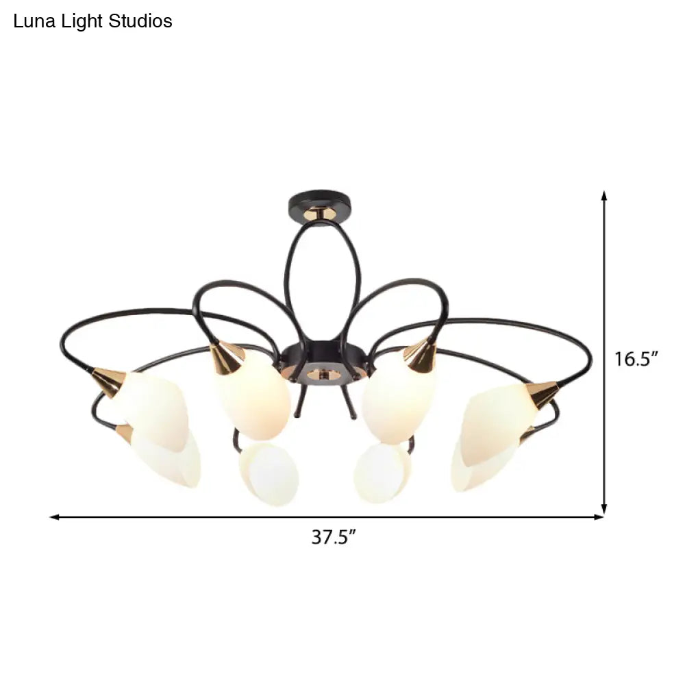 Traditional Oval White Glass Semi Flush Mount Ceiling Light With 6/8 Lights - Black Finish For