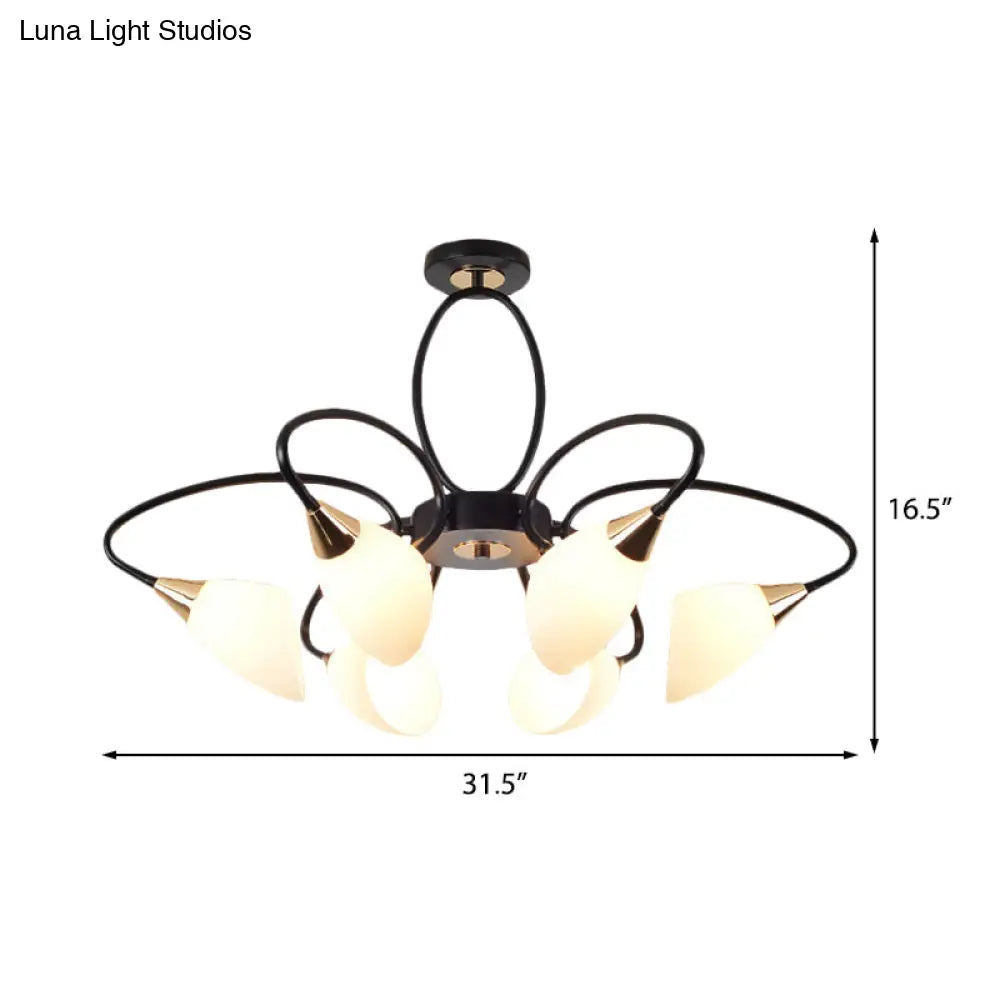 Traditional Oval White Glass Semi Flush Mount Ceiling Light With 6/8 Lights - Black Finish For