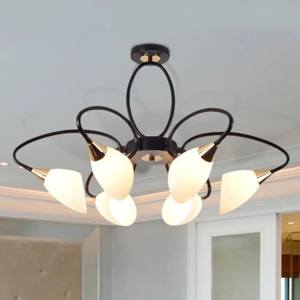 Traditional Oval White Glass Semi Flush Mount Ceiling Light With 6/8 Lights - Black Finish For