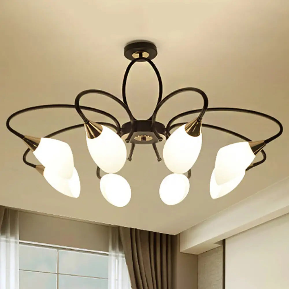 Traditional Oval White Glass Semi Flush Mount Ceiling Light With 6/8 Lights - Black Finish For