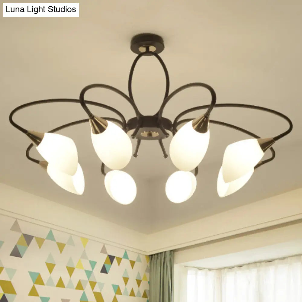 Traditional Oval White Glass Semi Flush Mount Ceiling Light With 6/8 Lights - Black Finish For