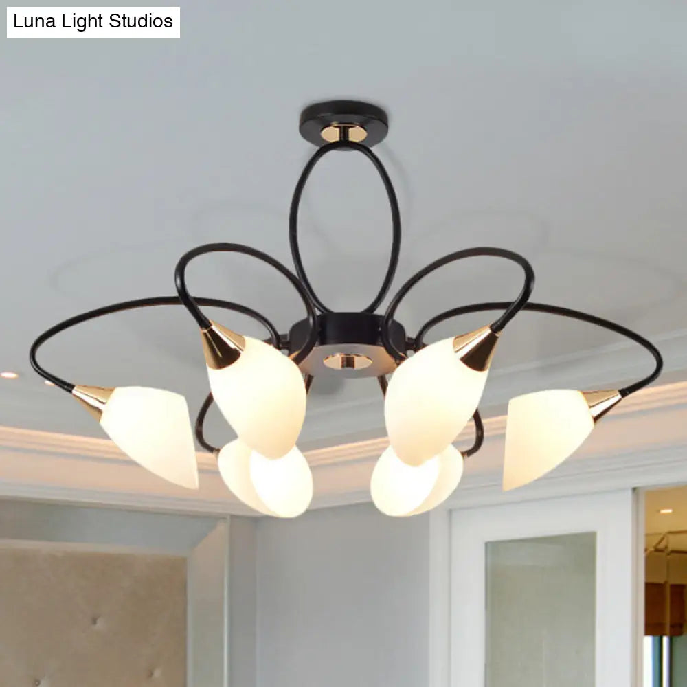 Traditional Oval White Glass Semi Flush Mount Ceiling Light With 6/8 Lights - Black Finish For