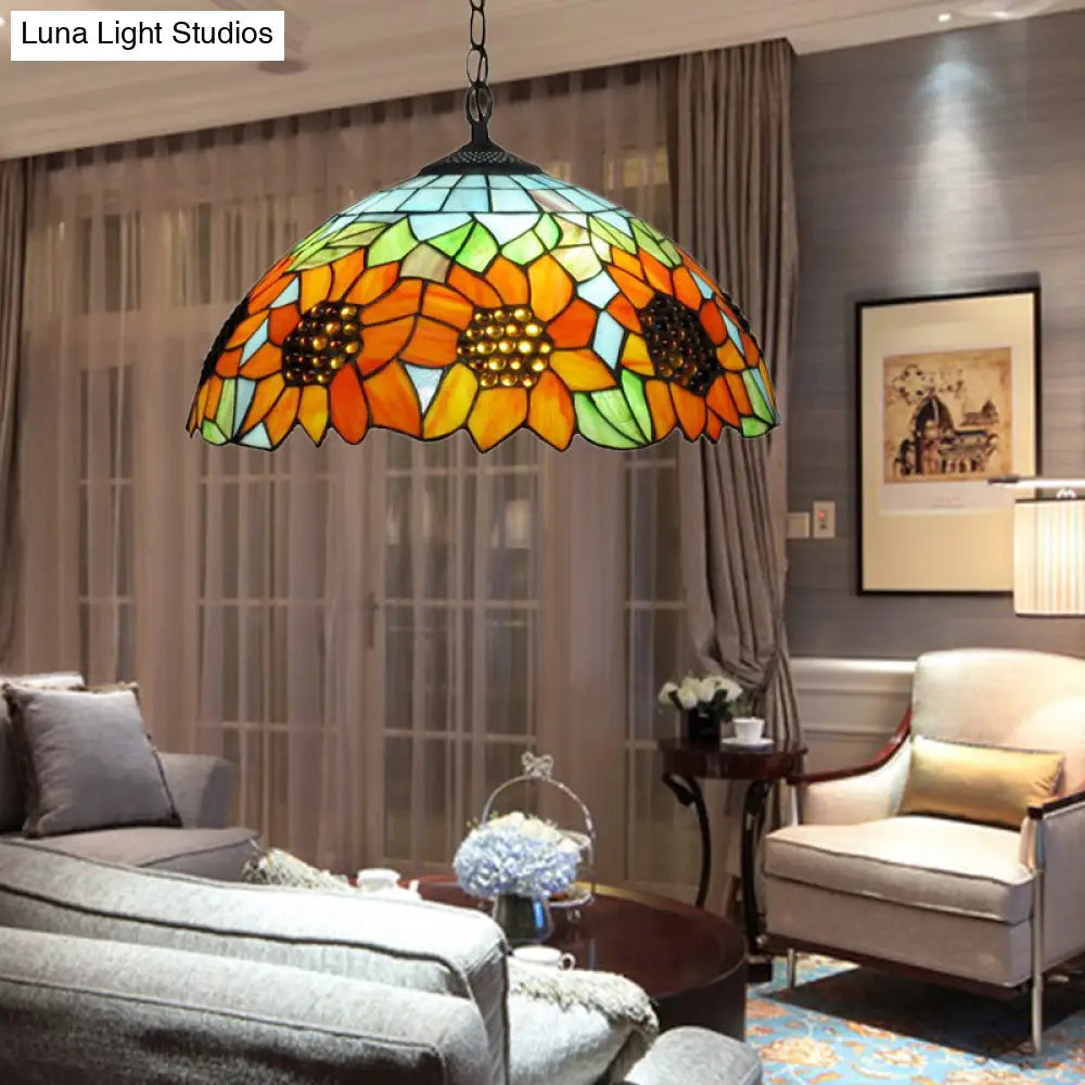 Traditional Pendant Light Fixture With Orange Stained Glass Shade