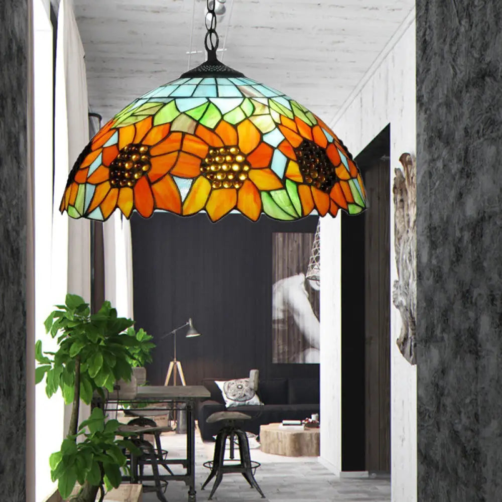 Traditional Pendant Light Fixture With Orange Stained Glass Shade
