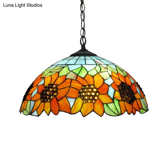 Traditional Pendant Light Fixture With Stained Glass Shade - Sunflower Orange Design