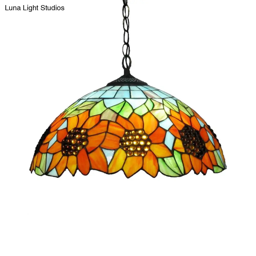 Traditional Pendant Light Fixture With Orange Stained Glass Shade