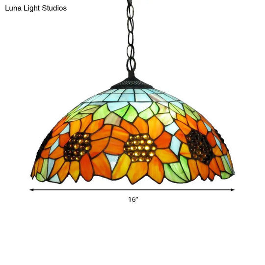 Traditional Pendant Light Fixture With Orange Stained Glass Shade