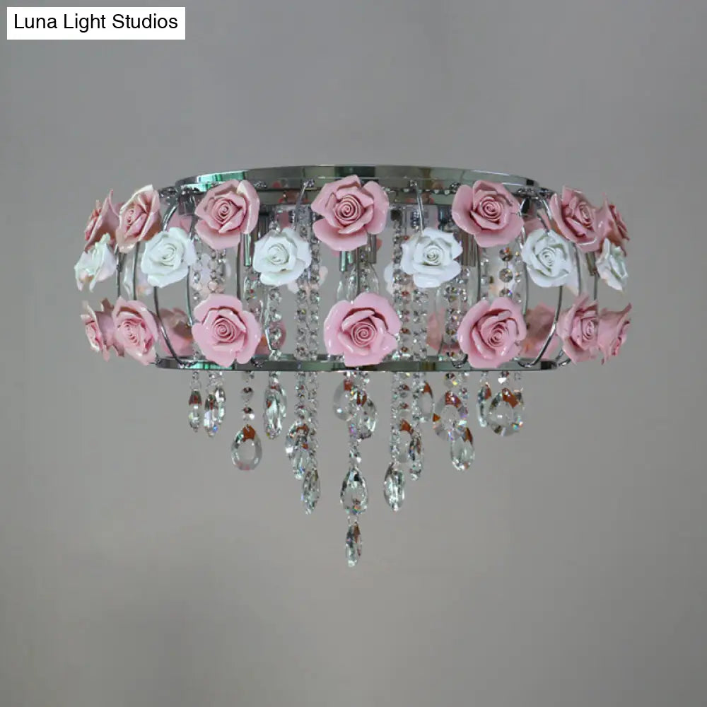 Traditional Pink Crystal Ceiling Mounted Drum Fixture - 6/8 Bulbs Flush Mount Lamp For Living Room 6