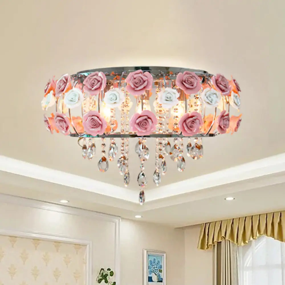 Traditional Pink Crystal Ceiling Mounted Drum Fixture - 6/8 Bulbs Flush Mount Lamp For Living Room