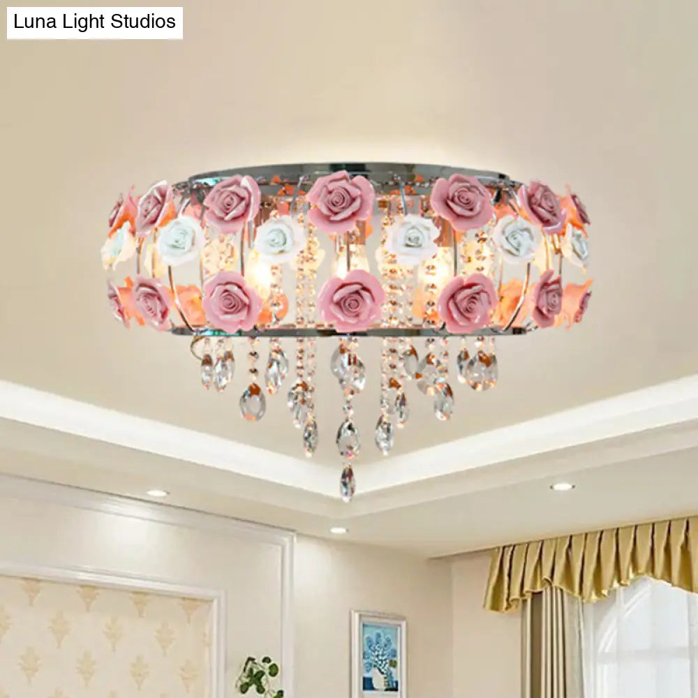 Traditional Pink Crystal Ceiling Mounted Drum Fixture - 6/8 Bulbs Flush Mount Lamp For Living Room 8