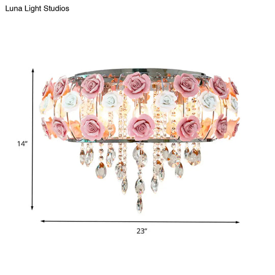 Traditional Pink Crystal Ceiling Mounted Drum Fixture - 6/8 Bulbs Flush Mount Lamp For Living Room