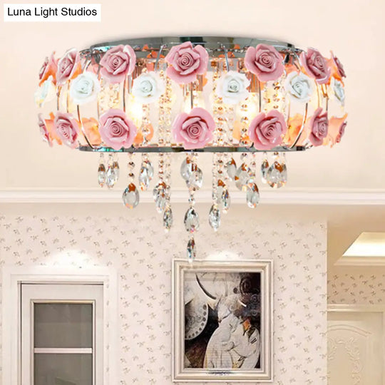 Traditional Pink Crystal Ceiling Mounted Drum Fixture - 6/8 Bulbs Flush Mount Lamp For Living Room