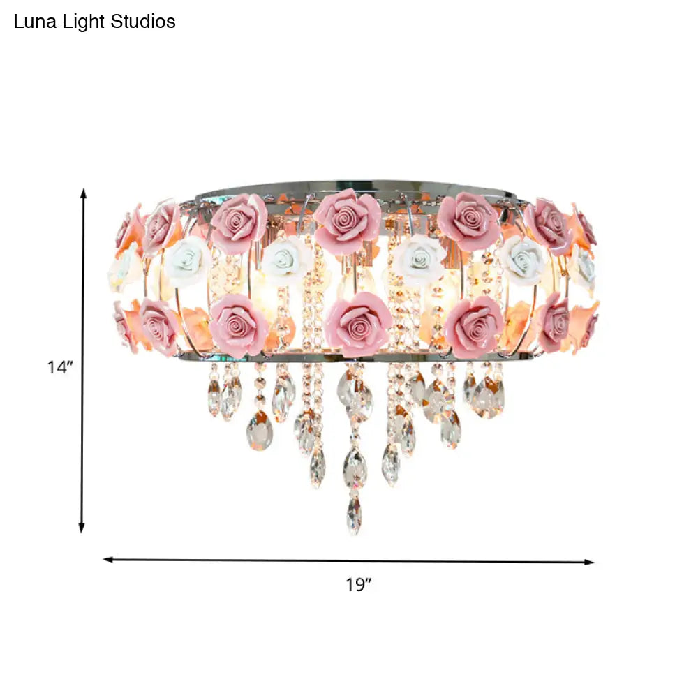 Traditional Pink Crystal Ceiling Mounted Drum Fixture - 6/8 Bulbs Flush Mount Lamp For Living Room