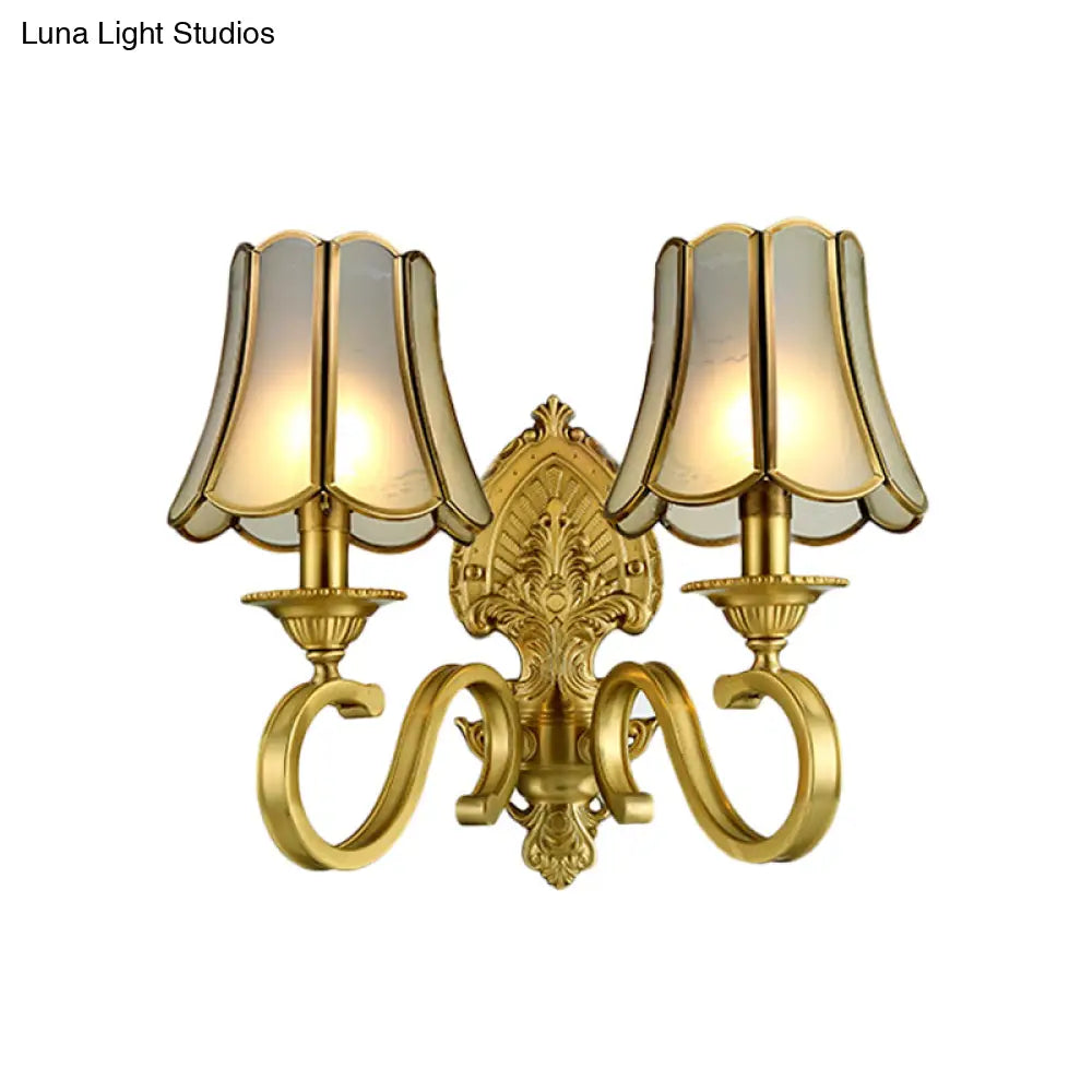 Traditional Polished Brass Flared Wall Sconce With Frosted Glass