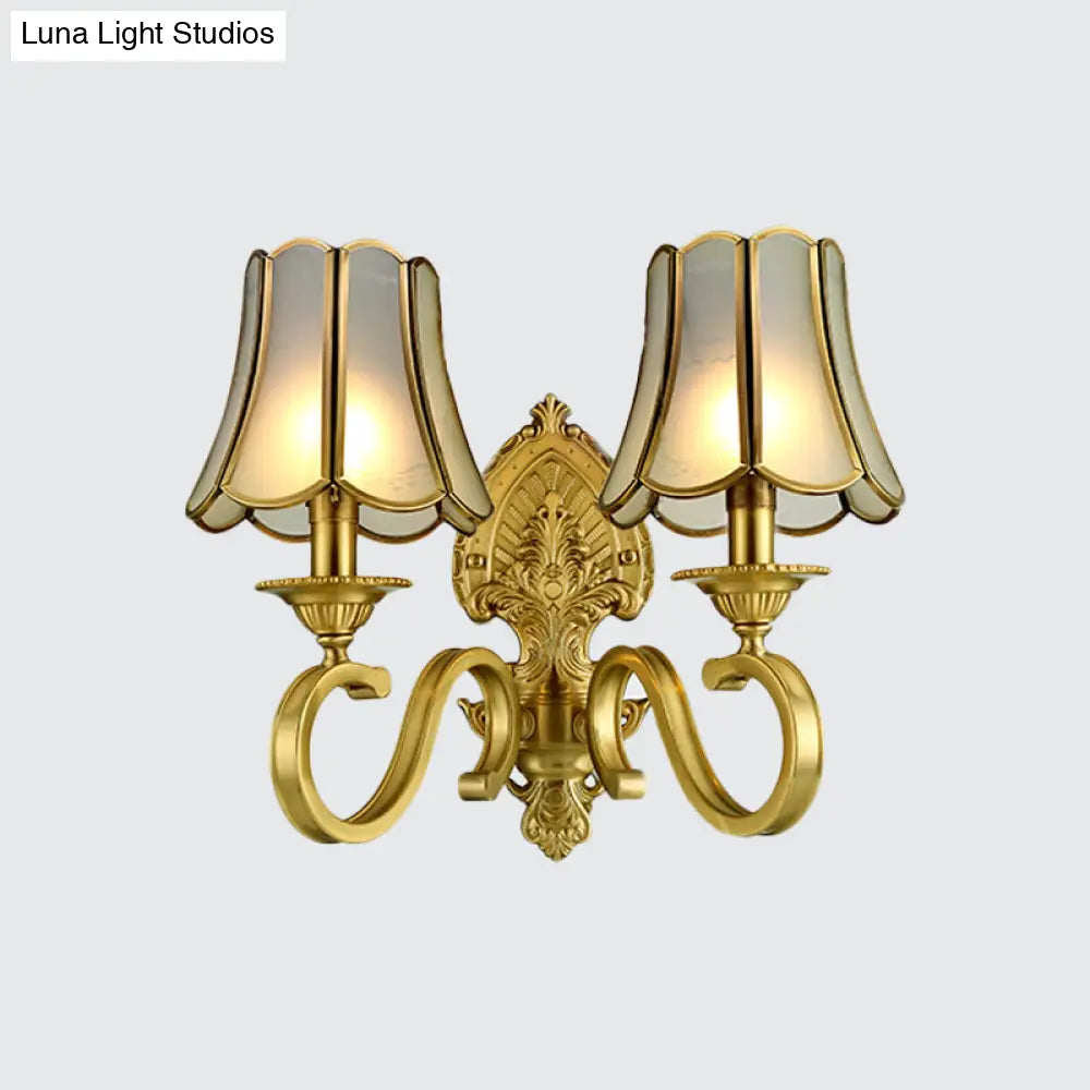 Traditional Polished Brass Flared Wall Sconce With Frosted Glass