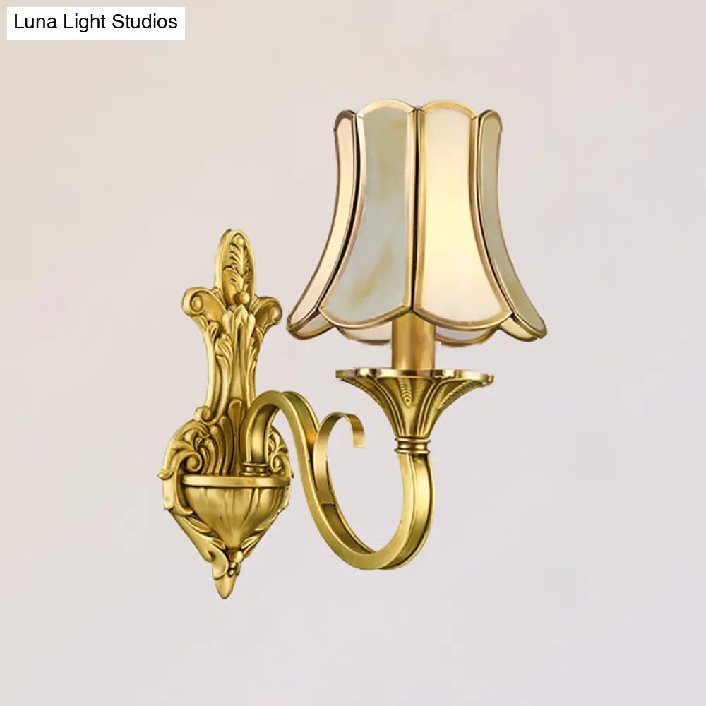 Traditional Polished Brass Flared Wall Sconce With Frosted Glass