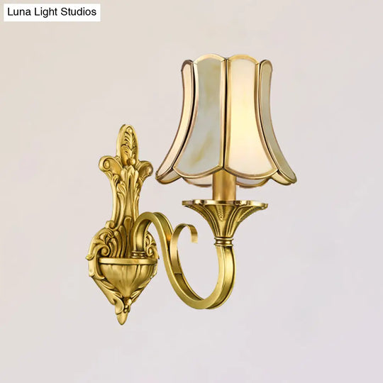 Traditional Polished Brass Flared Wall Sconce With Frosted Glass