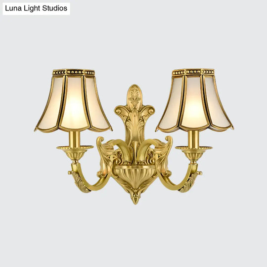 Traditional Polished Brass Flared Wall Sconce With Frosted Glass