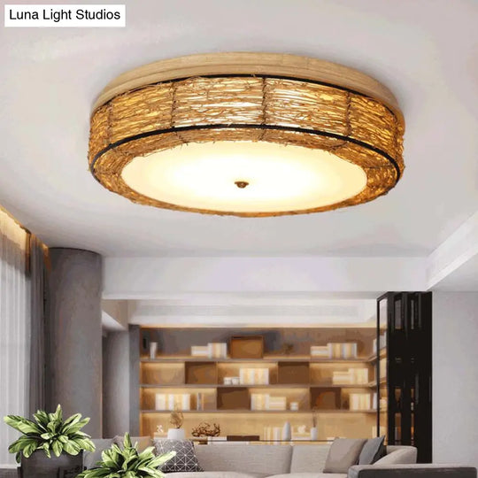 Traditional Rattan Round Flush Mount Chandelier - 12.5’/16.5’ Wide 5 Bulbs Wood Ceiling