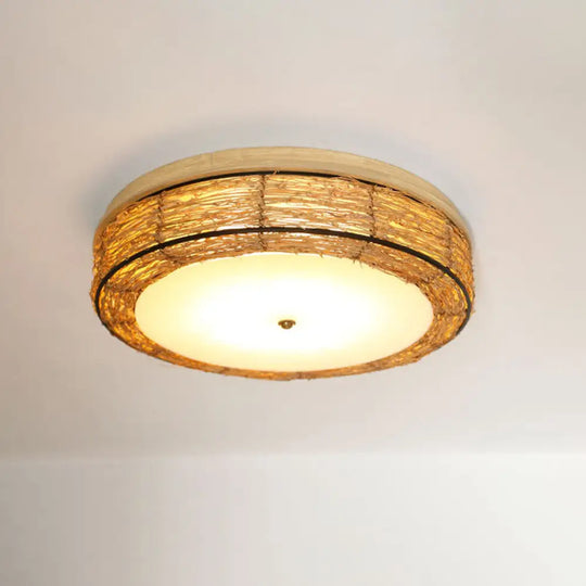 Traditional Rattan Round Flush Mount Chandelier - 12.5’/16.5’ Wide 5 Bulbs Wood Ceiling / 16.5’