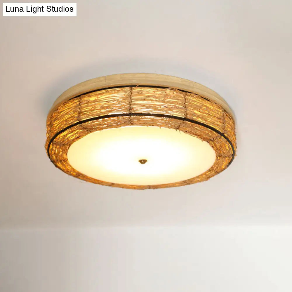 Traditional Rattan Round Flush Mount Chandelier - 12.5/16.5 Wide 5 Bulbs Wood Ceiling / 16.5