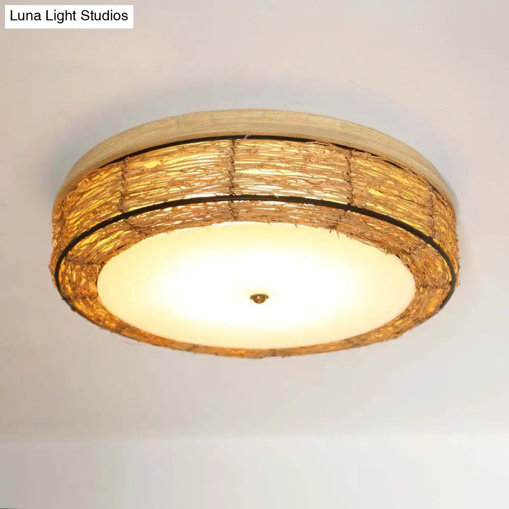 Traditional Rattan Round Flush Mount Chandelier - 12.5’/16.5’ Wide 5 Bulbs Wood Ceiling