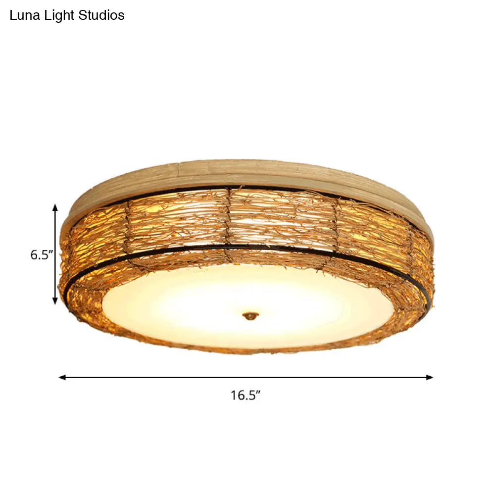 Traditional Rattan Round Flush Mount Chandelier - 12.5’/16.5’ Wide 5 Bulbs Wood Ceiling