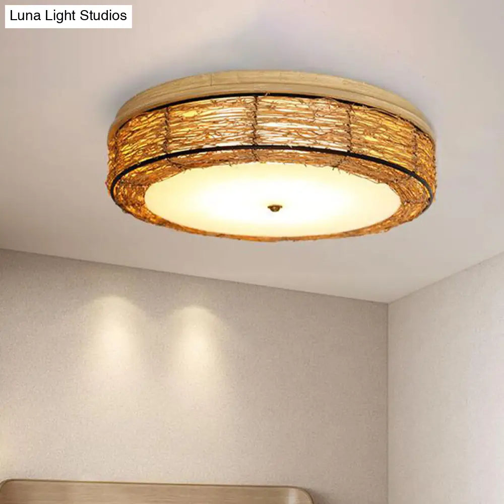 Traditional Rattan Round Flush Mount Chandelier - 12.5/16.5 Wide 5 Bulbs Wood Ceiling / 12.5