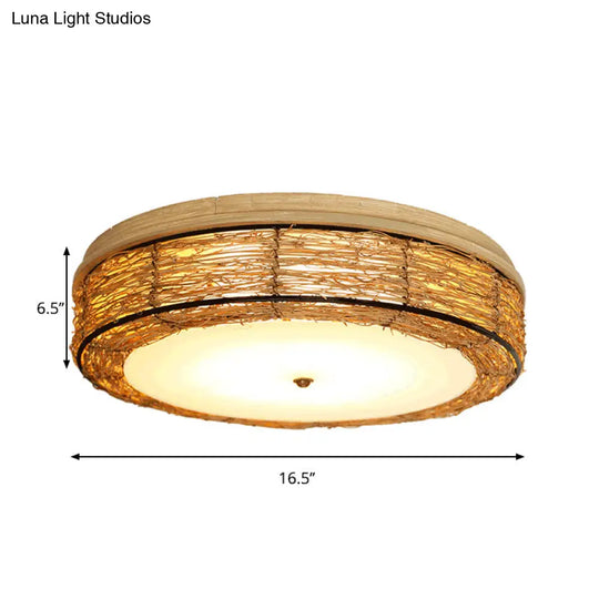 Traditional Rattan Round Flush Mount Chandelier - 12.5/16.5 Wide 5 Bulbs Wood Ceiling