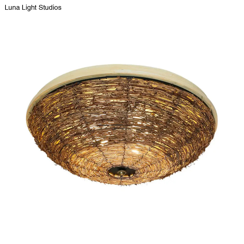 Traditional Rattan Wood Bowl Flush Ceiling Lamp - 3 Bulb Light Fixture 12.5/16.5 Wide