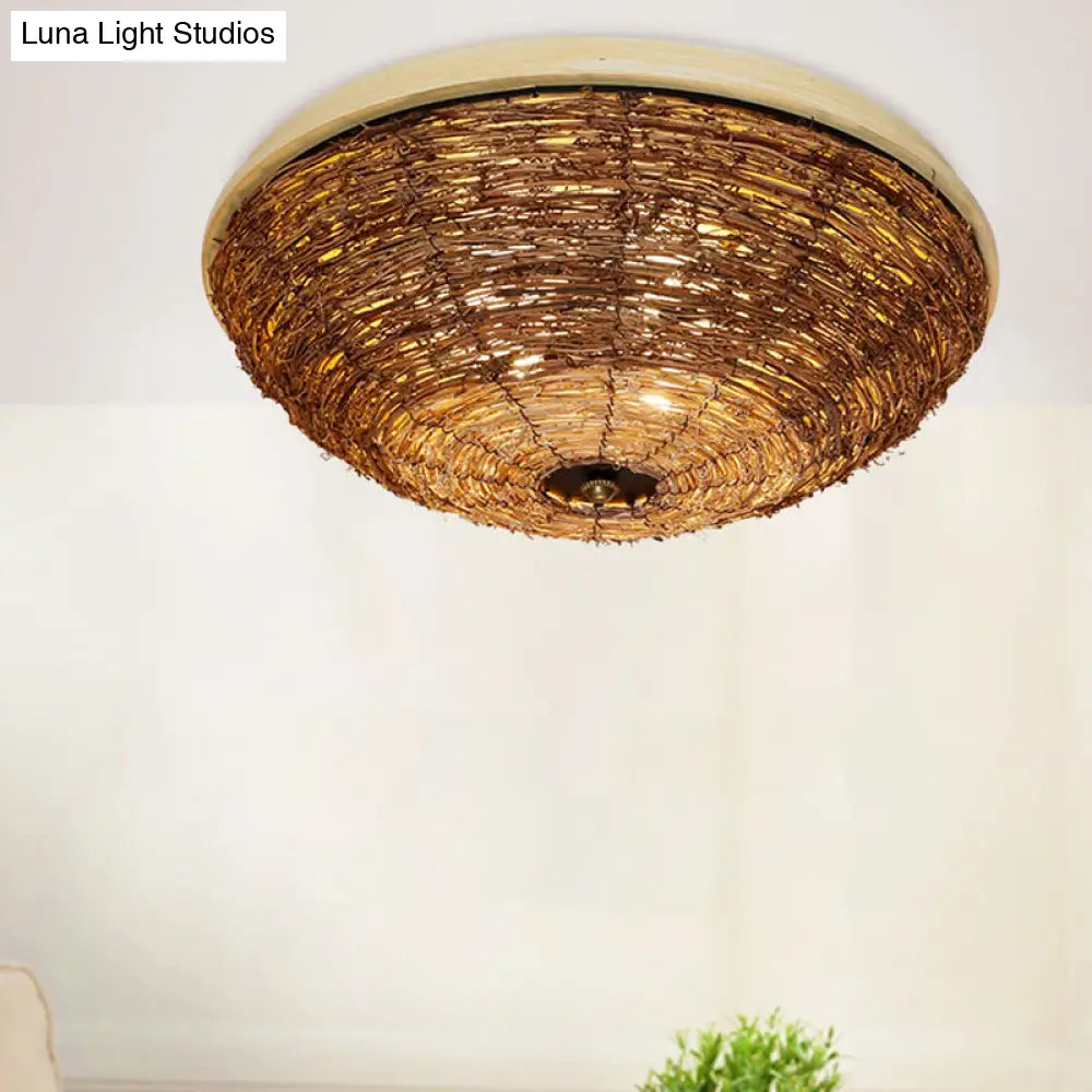 Traditional Rattan Wood Bowl Flush Ceiling Lamp - 3 Bulb Light Fixture 12.5’/16.5’ Wide