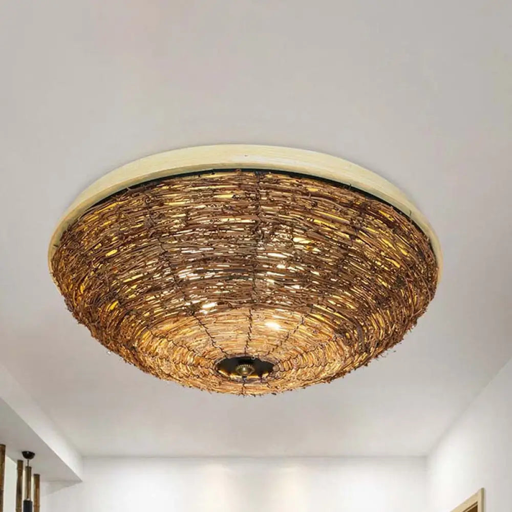 Traditional Rattan Wood Bowl Flush Ceiling Lamp - 3 Bulb Light Fixture 12.5’/16.5’ Wide / 16.5’