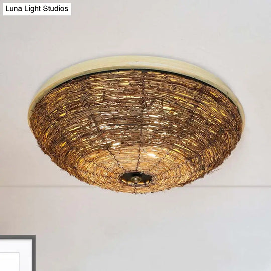 Traditional Rattan Wood Bowl Flush Ceiling Lamp - 3 Bulb Light Fixture 12.5/16.5 Wide / 12.5
