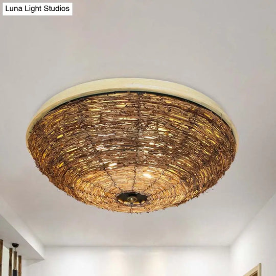 Traditional Rattan Wood Bowl Flush Ceiling Lamp - 3 Bulb Light Fixture 12.5/16.5 Wide / 16.5