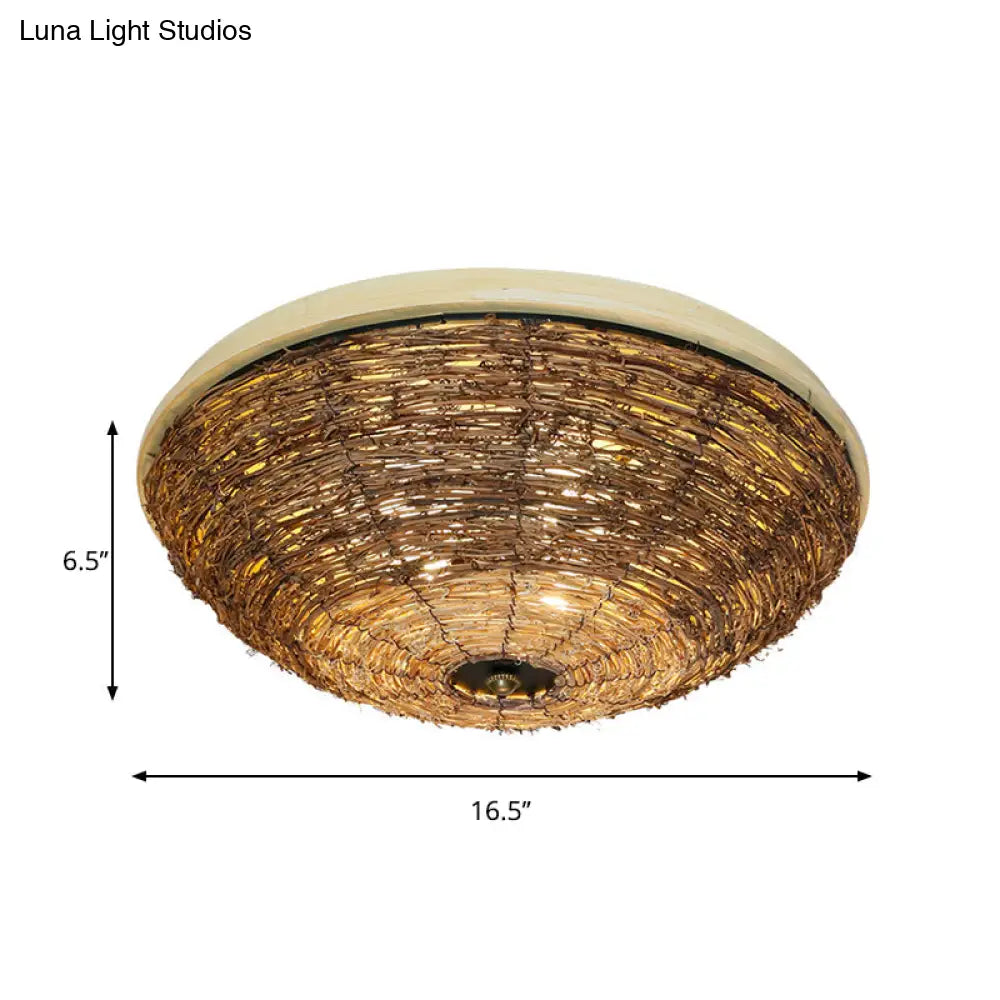 Traditional Rattan Wood Bowl Flush Ceiling Lamp - 3 Bulb Light Fixture 12.5’/16.5’ Wide