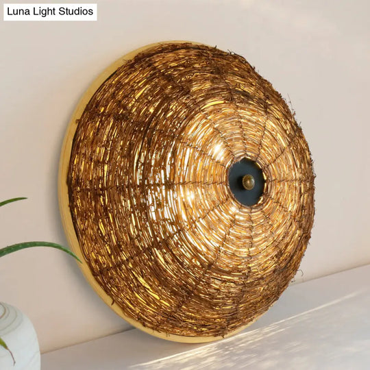 Traditional Rattan Wood Bowl Flush Ceiling Lamp - 3 Bulb Light Fixture 12.5/16.5 Wide