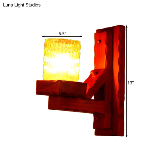 Traditional Red Brown Cylinder Wall Mount Lamp With Glass Dimple And Wood Arm - 1/2-Light Bedroom