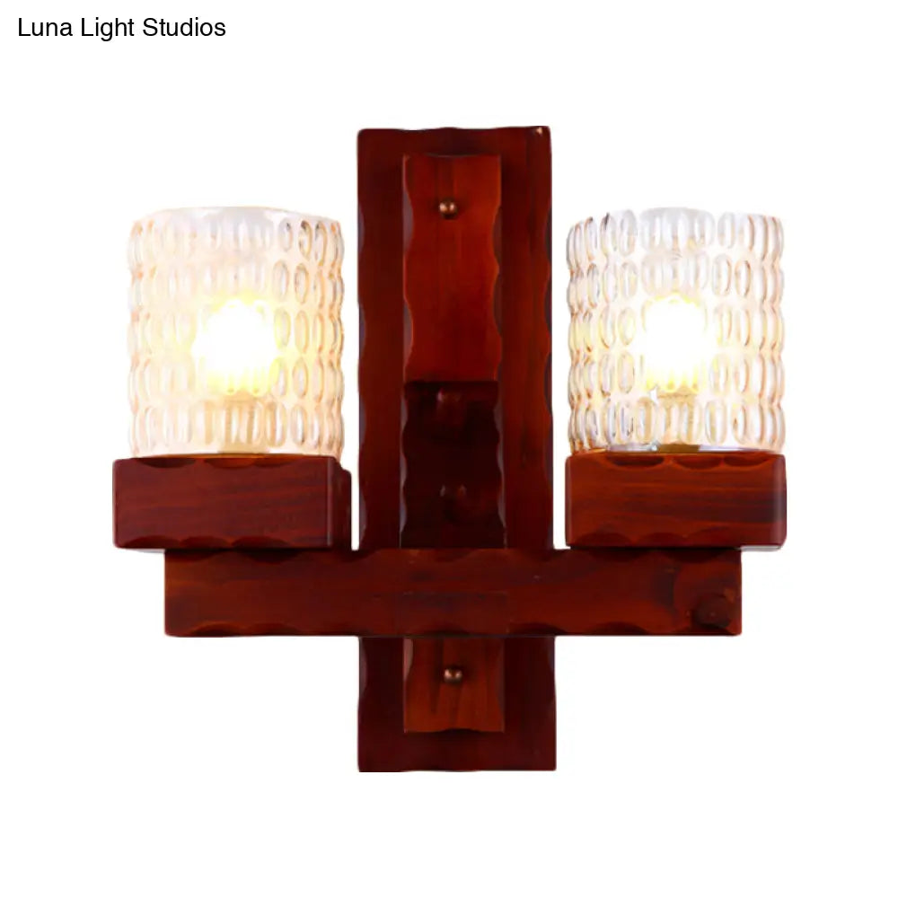 Traditional Red Brown Cylinder Wall Mount Lamp With Glass Dimple And Wood Arm - 1/2-Light Bedroom