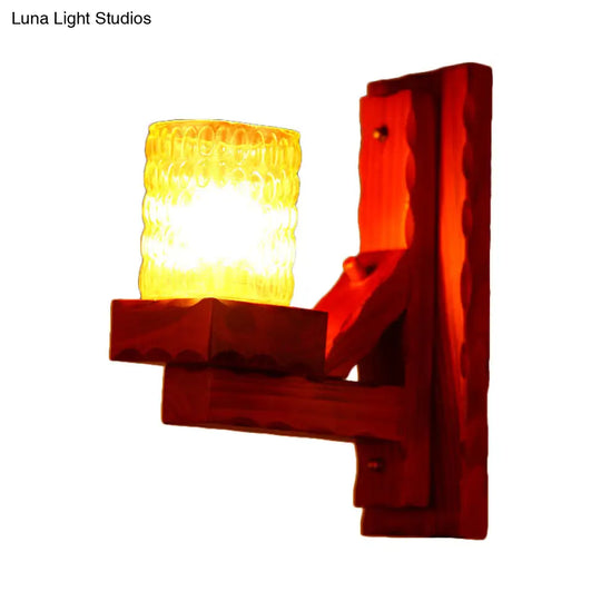 Traditional Red Brown Cylinder Wall Mount Lamp With Glass Dimple And Wood Arm - 1/2-Light Bedroom