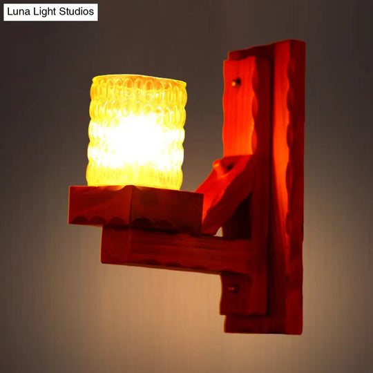 Traditional Red Brown Cylinder Wall Mount Lamp With Glass Dimple And Wood Arm - 1/2-Light Bedroom