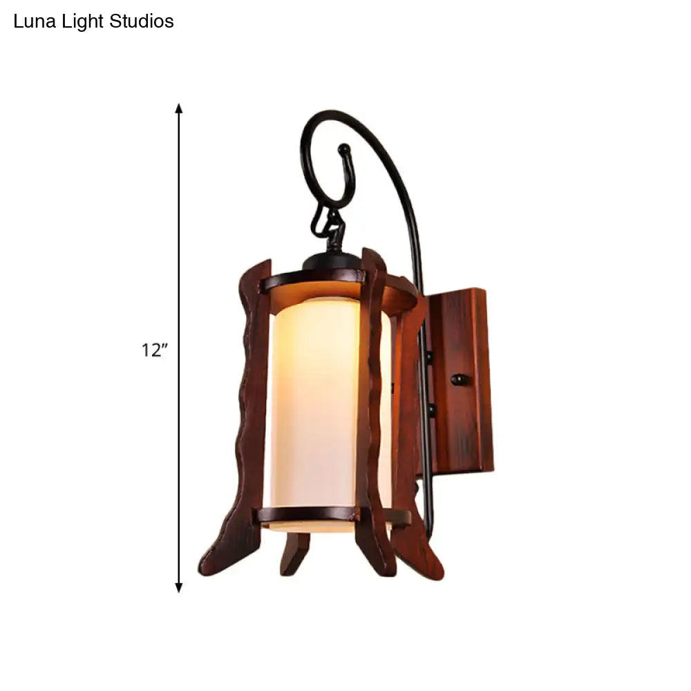 Traditional Red Brown Lantern Wall Sconce With Milk Glass Shade