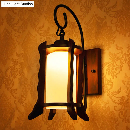 Traditional Red Brown Lantern Wall Sconce With Milk Glass Shade