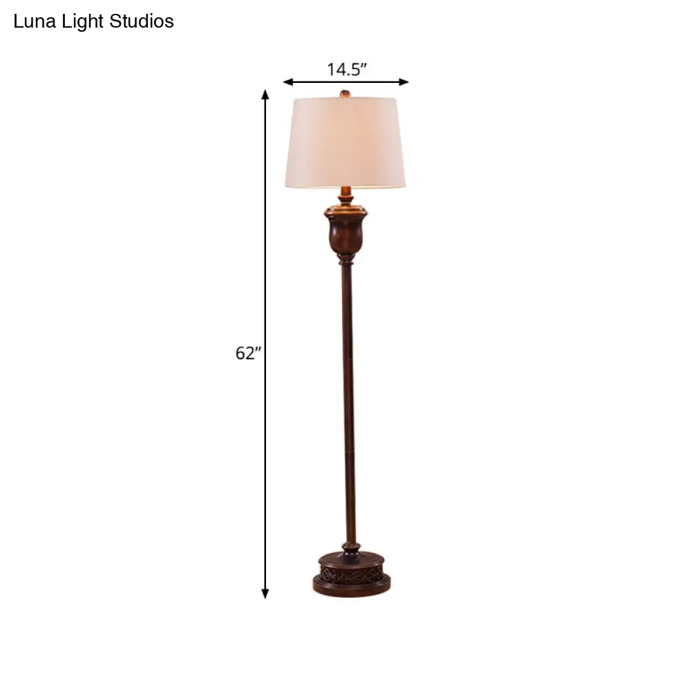 Traditional Red Brown Resin Floor Lamp With Cone White Fabric Shade - Urn Shape Stand Up Light