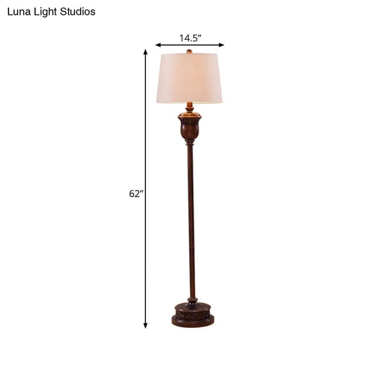 Traditional Red Brown Resin Floor Lamp With Cone White Fabric Shade - Urn Shape Stand Up Light