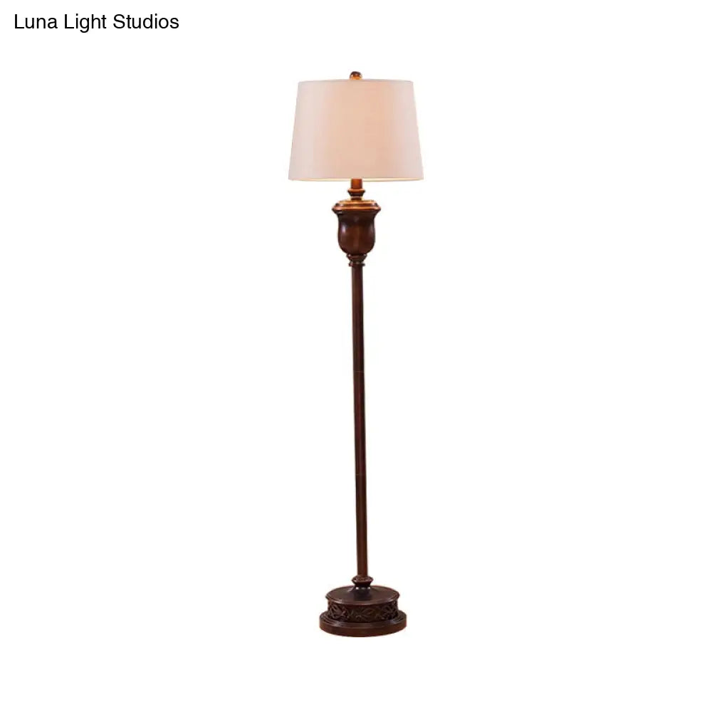 Traditional Red Brown Resin Floor Lamp With Cone White Fabric Shade - Urn Shape Stand Up Light