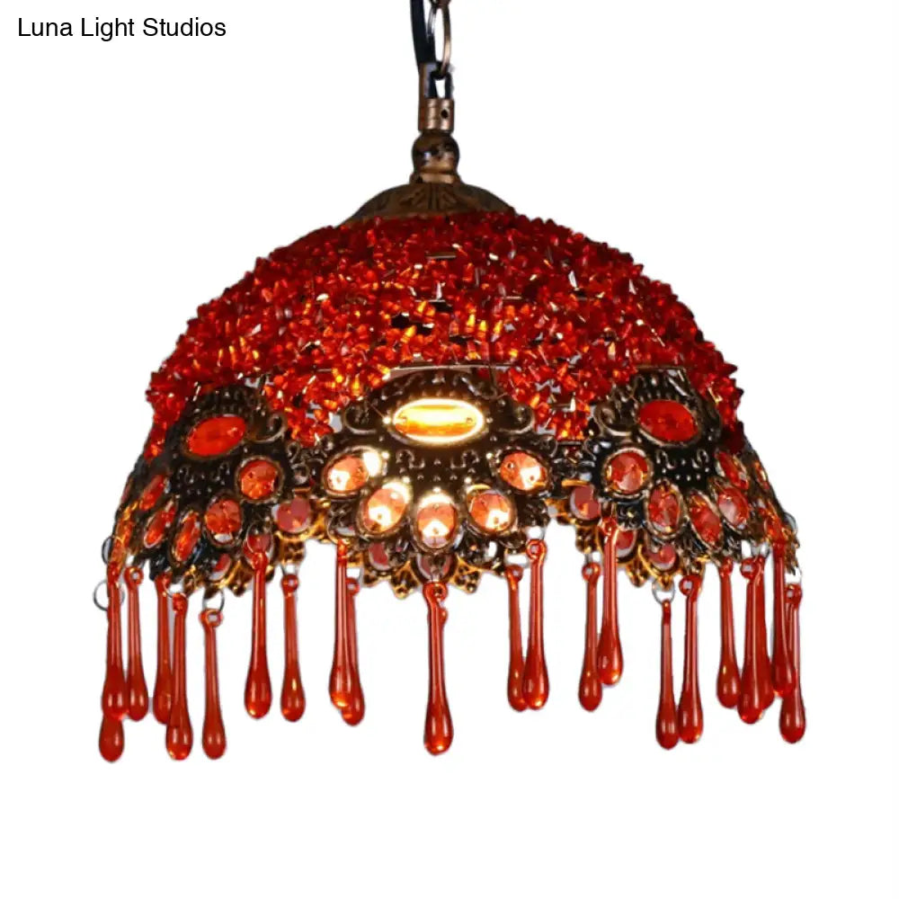 Traditional Red Dome Shaped Restaurant Hanging Light Fixture - 1-Light Metal Ceiling Lamp