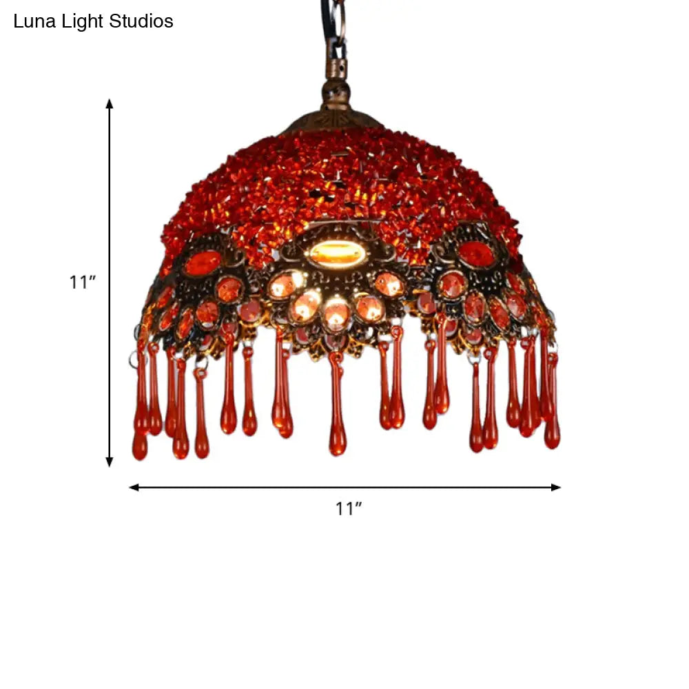 Traditional Red Dome Shaped Restaurant Hanging Light Fixture - 1-Light Metal Ceiling Lamp