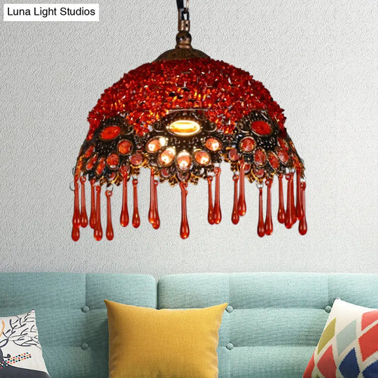 Traditional Red Dome Shaped Restaurant Hanging Light Fixture - 1-Light Metal Ceiling Lamp